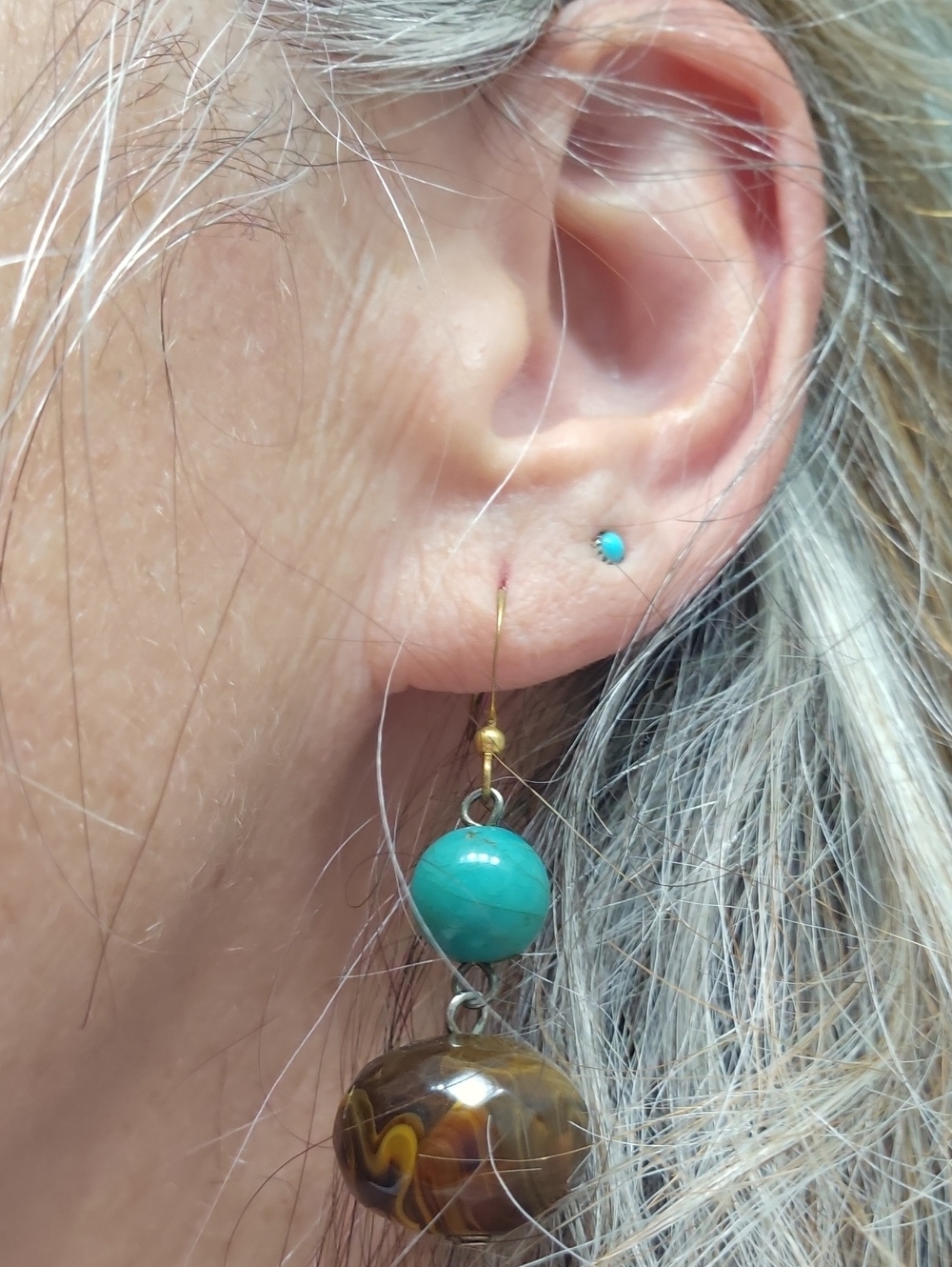 Gold-Tone Dangle Earrings with Turquoise and Brown Beads